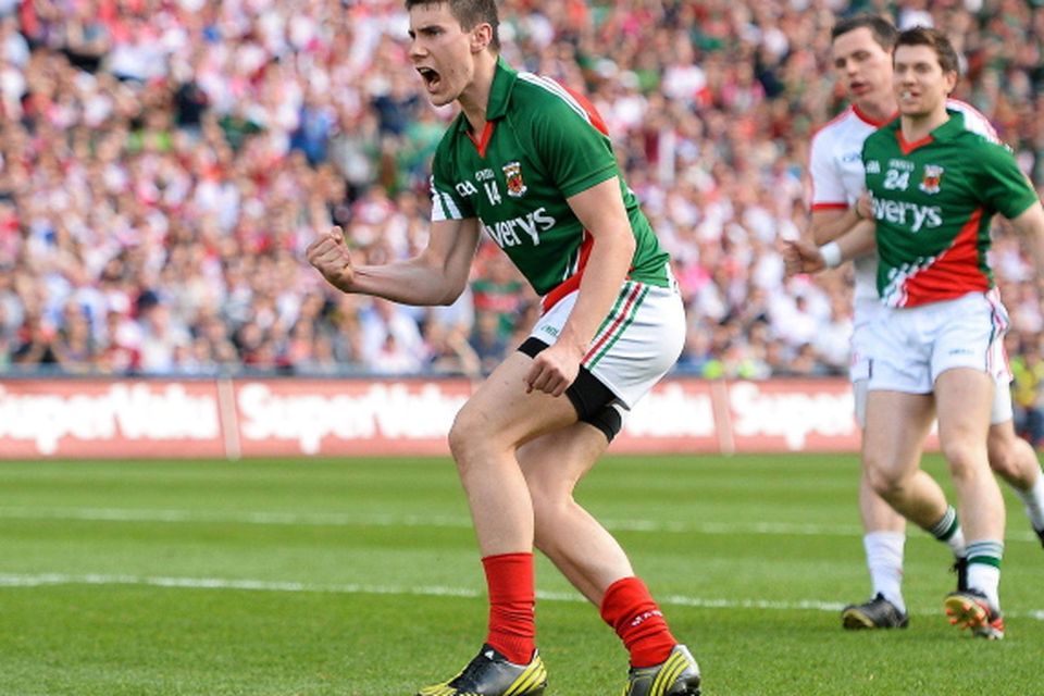 Alan Freeman, Mayo, celebrates after scoring his side's first from a penalty. GAA Football All-Ireland Senior Championship Semi-Final, Mayo v Tyrone, Croke Park, Dublin. Picture credit: Stephen McCarthy / SPORTSFILE