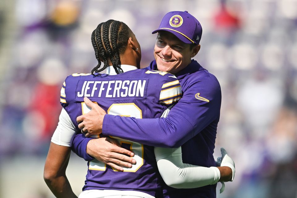 Kevin O'Connell head coach of the Minnesota Vikings and star wide receiver Justin Jefferson are coming to Dublin. Photo: Stephen Maturen/Getty Images