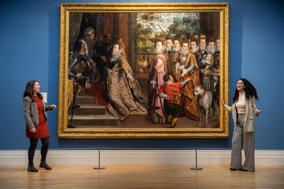 Conservators Maria Canavan (left) and Letizia Marcattili at the unveiling of Lavinia Fontana’s Renaissance masterpiece The Visit of the Queen of Sheba to King Solomon at the National Gallery of Ireland. Photo: Naoise Culhane