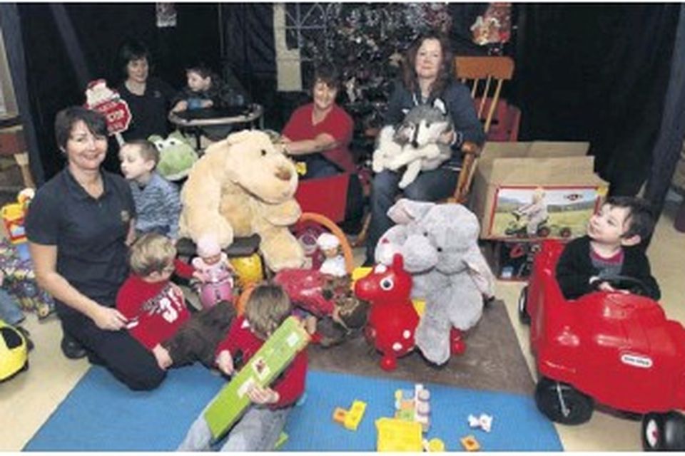 Kathleen Kelpie, Bernie McCullagh, Mary McNasser and Debbie Forde with children Erin, James, Colin, Sam, Jack and Darragh with toys donated by The Late Late Toy Show, at the Holy Family Day Care Centre, Clarion Road, Sligo. (Photo: James Connolly)