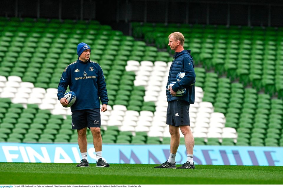 Leinster backs coach Felipe Contepomi (left) and head coach Leo Cullen at the Aviva Stadium. Photo: Harry Murphy/Sportsfile