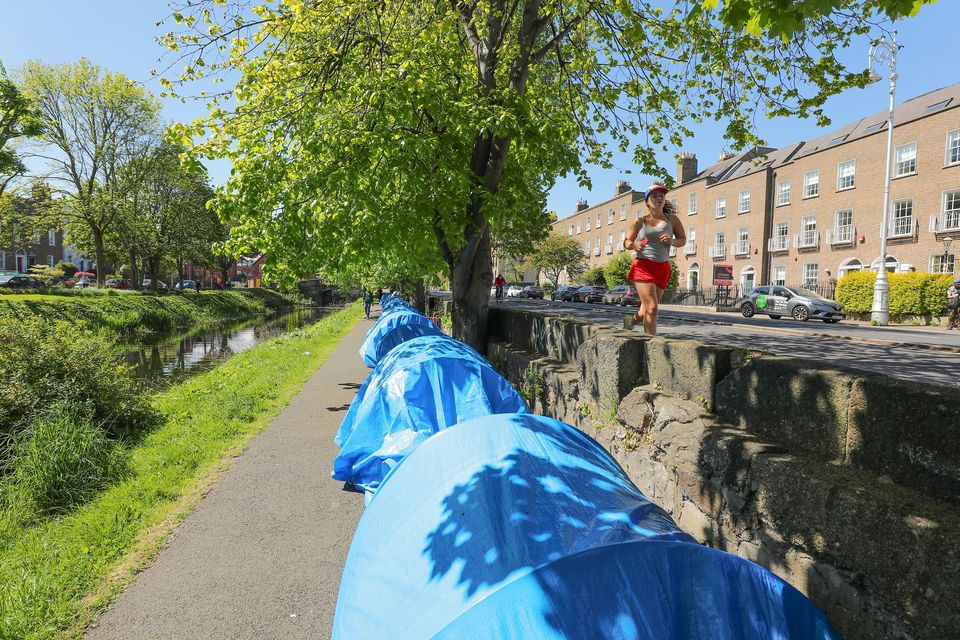Tents set up on the banks of the Grand Canal in Dublin by men seeking international protection.  Photo: Gerry Mooney