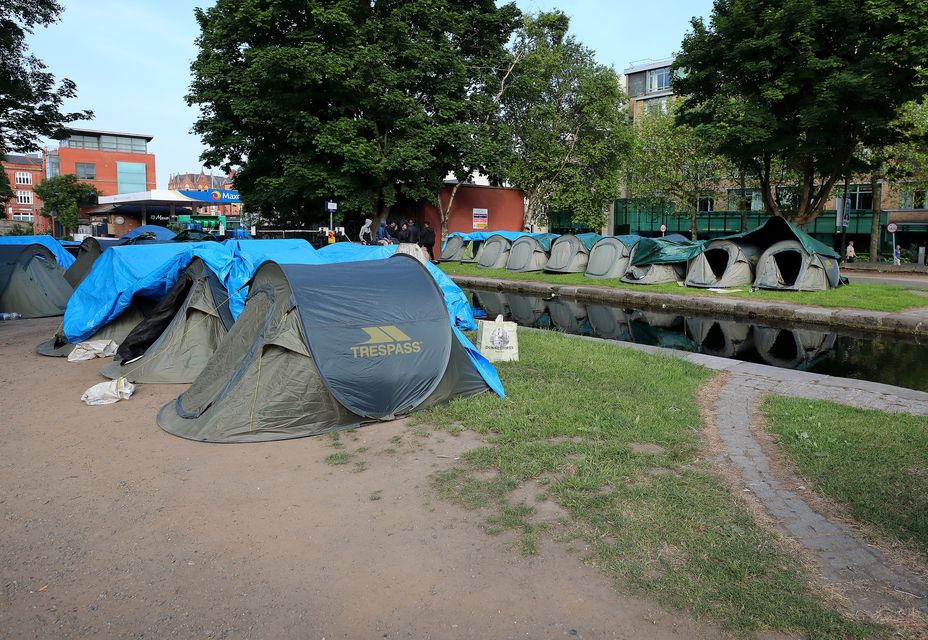 Migrant tents at the Grand Canal lock at Wilton Terrace/Mespil Road.  Photo: Frank McGrath