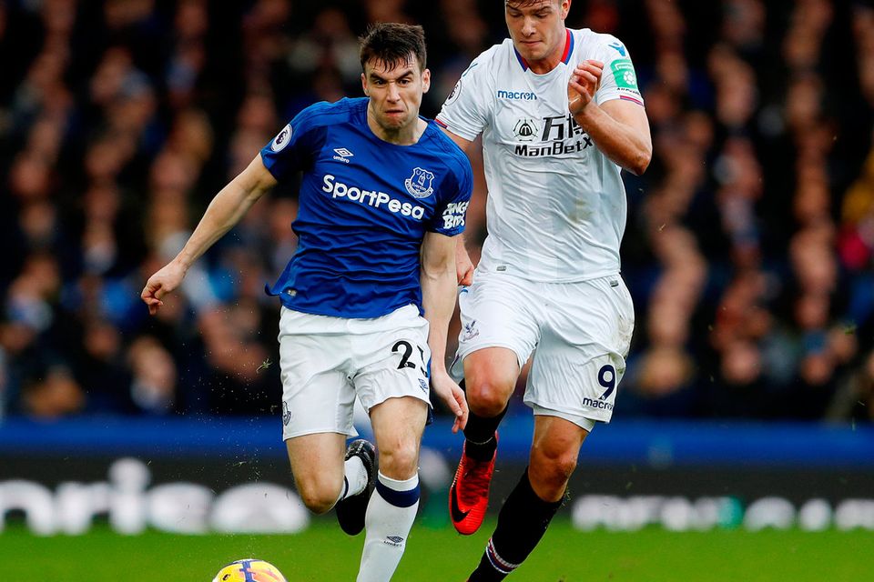 Everton's Seamus Coleman in action with Crystal Palace's Alexander Sorloth