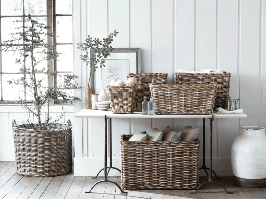 storage solutionwith Neptune’s Somerton baskets range; log baskets, €210; willow baskets, from €39 at neptune.com