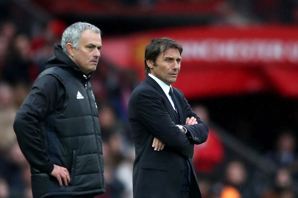 Antonio Conte, pictured right, is eager to avoid a Chelsea collapse like the one suffered under Jose Mourinho, left