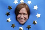 thumbnail: Susan from South Wales poses for a photo with a home-made European Union flag