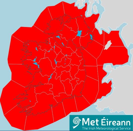 Red warning issued for Ireland