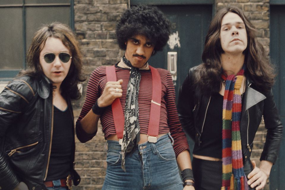 SPREAD THE WORD: Thin Lizzy in 1974, from left, Brian Downey, Phil Lynott (1949-1986) and Gary Moore (1952-2011). Picture: Michael Putland/Getty
