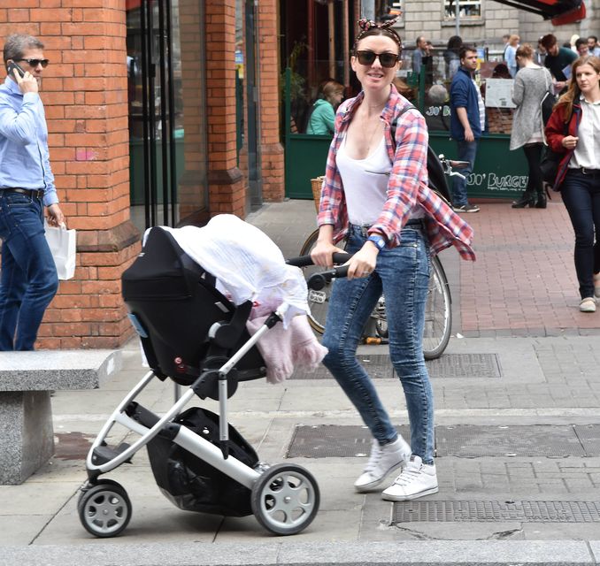 TV presenter Jennifer Maguire & husband Lauterio Zamparelli looked every bit the doting parents as they enjoyed lunch outside Jo Burger with new baby daughter Florence Myra Zamparelli, Dublin, Ireland - 20.08.15. Pictures: Cathal Burke / VIPIRELAND.COM *** Local Caption *** Jennifer Maguire, daughter Florence Myra