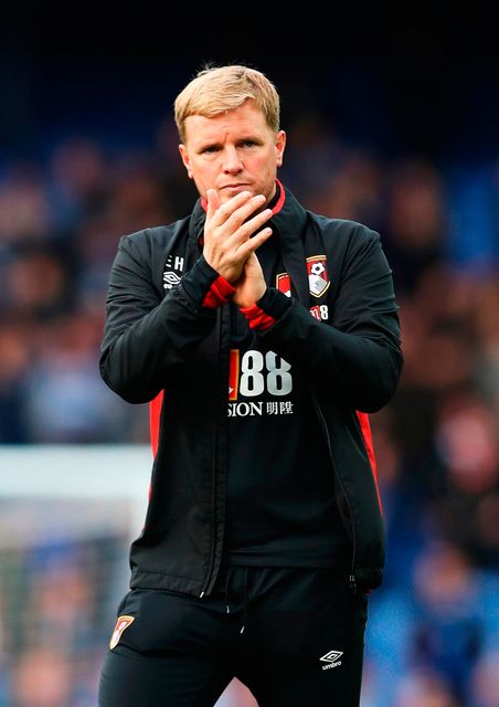 Eddie Howe, Manager of AFC Bournemouth shows his appreciation to the fans after the match. Photo: Getty