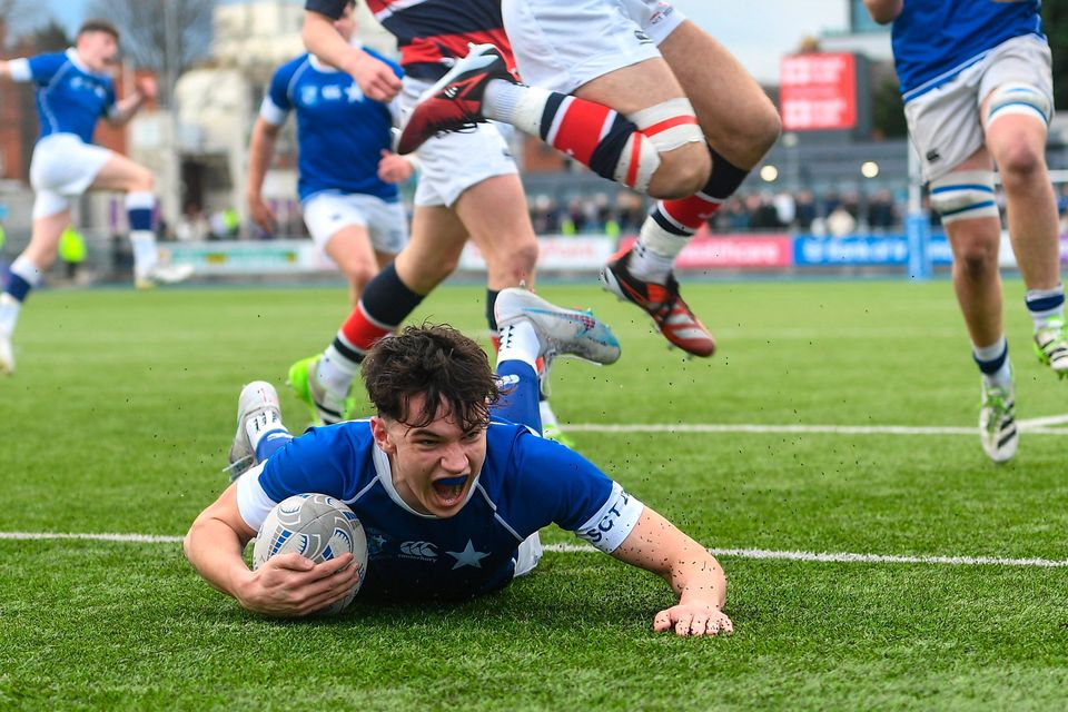 Jack Halpin of St Mary’s College scores his side's third try during the Bank of Ireland Leinster Schools Senior Cup match against Wesley College at Energia Park. Photo: Dáire Brennan/Sportsfile