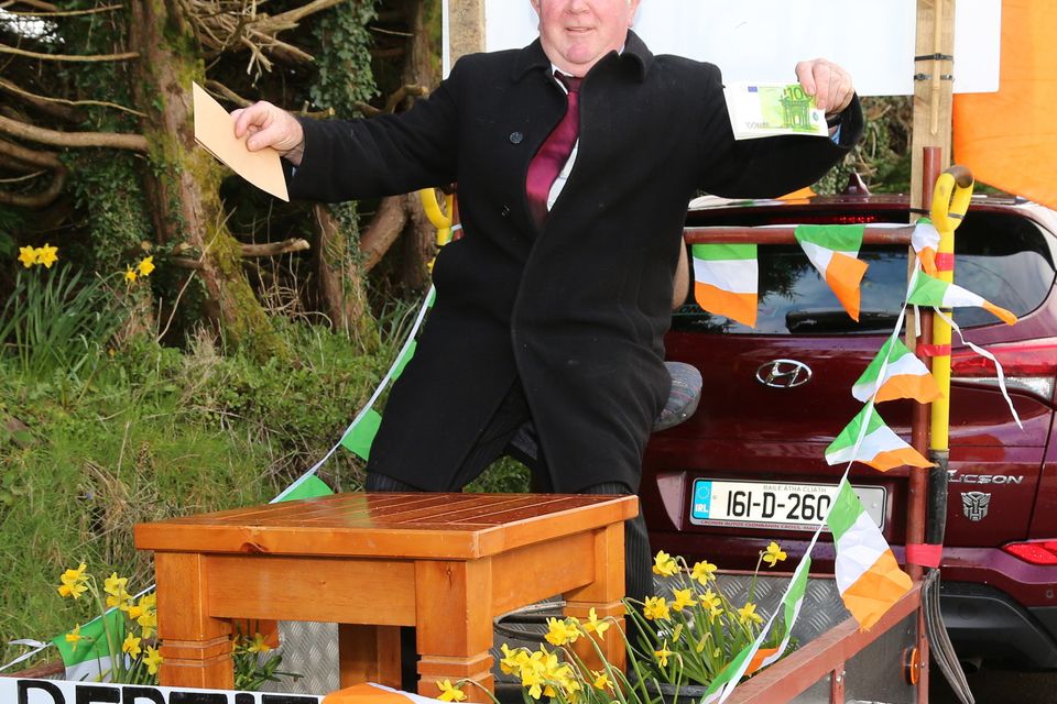 Denis O' Mahony is saying 'Bertie is Back' at the Knocknagree St. Patrick's Parade. Photo by Sheila Fitzgerald