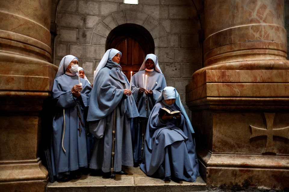 Nuns taking part in the Washing of the Feet ceremony last week. The ritual is held at the Church of the Holy Sepulchre in the old city of Jerusalem. Picture by Ammar Awad/Reuters
