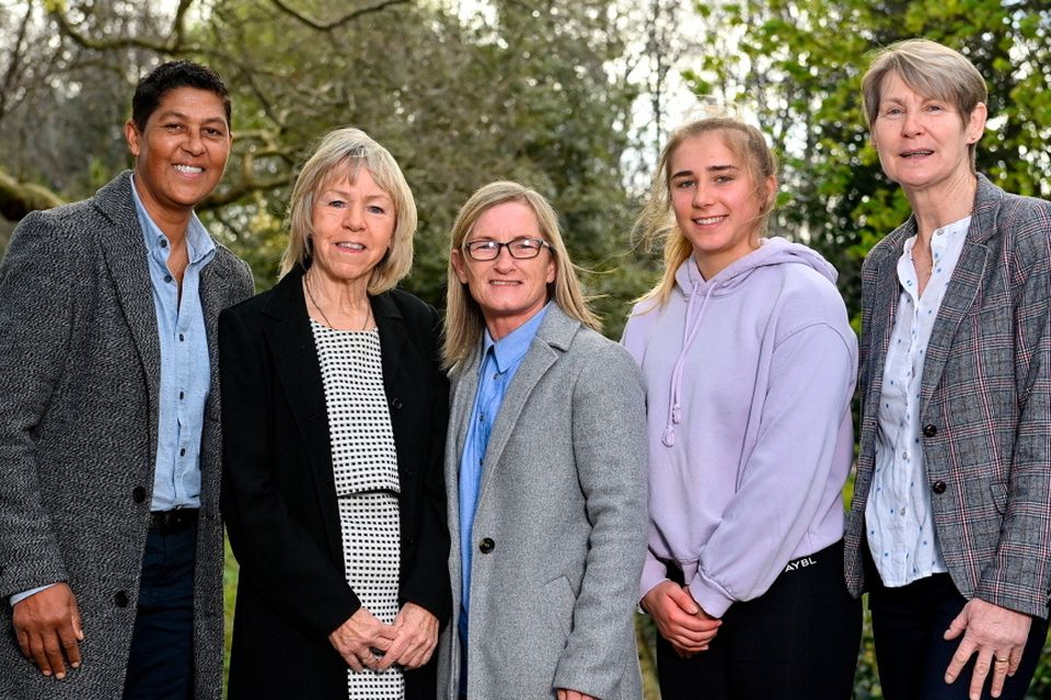 Jackie McCarthy-O'Brien, Linda Gorman, Olivia O'Toole, Ellen Molloy and Sue Hayden during the Ireland Women's National Team 50-Year Celebrations Announcement at Merrion Square in Dublin