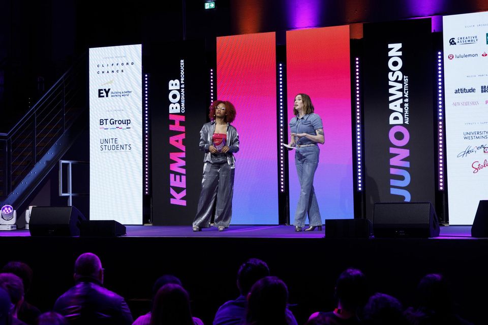 Juno Dawson, right, on stage with Kemah Bob at the National Student Pride 2023 at the University of Westminster in February. Picture by John Phillips/Getty Images