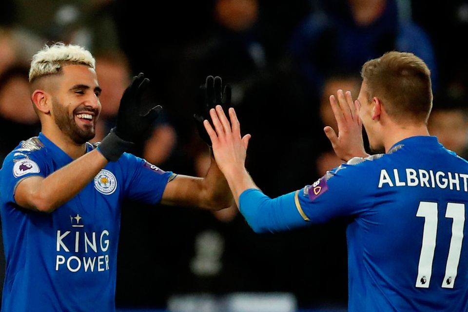 Soccer Football - Premier League - Leicester City vs Huddersfield Town - King Power Stadium, Leicester, Britain - January 1, 2018   Leicester City's Riyad Mahrez celebrates scoring their first goal with Marc Albrighton        Action Images via Reuters/Andrew Boyers
