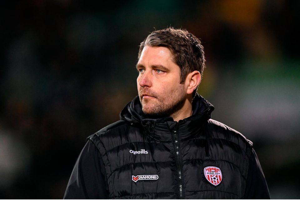 Derry City manager Ruaidhrí Higgins at the game against Shamrock Rovers in March, in the week where a service was held for his late brother, Kevin