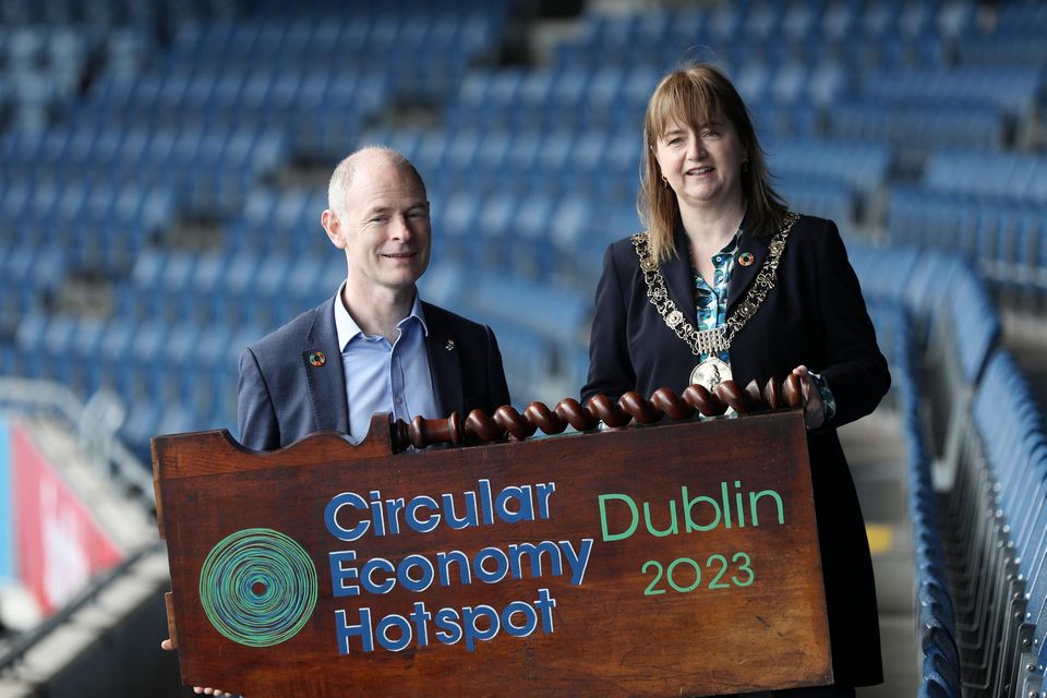 Junior minister Ossian Smyth and Lord Mayor for Dublin Caroline Conroy at the opening of the Circular Economy Hotspot in Croke Park. Pic: Sasko Lazarov