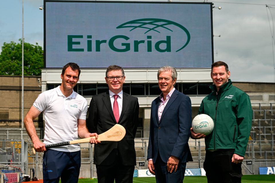 Ard-stiúrthóir of the GAA Tom Ryan and EirGrid chief executive Mark Foley with Philly McMahon, former Dublin footballer, right, and Michael Walsh, former Waterford hurler, pictured at the EirGrid Timing sponsorship launch at Croke Park. Photo: David Fitzgerald/Sportsfile