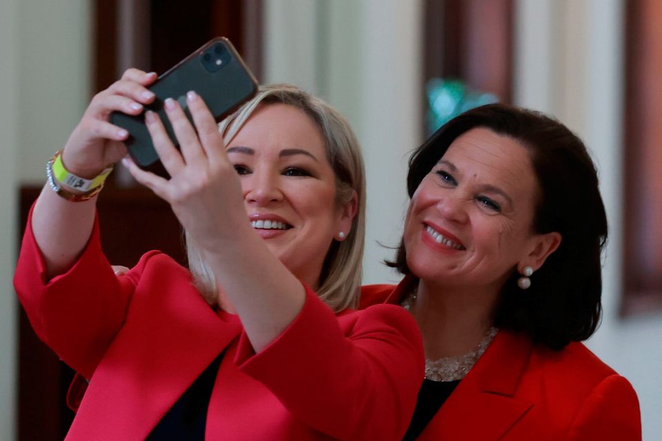 Sinn Féin vice-president Michelle O'Neill (left) and president Mary Lou McDonald at Belfast City Hall as the results came in for the Northern Ireland local elections on Friday. Photo: Liam McBurney/PA
