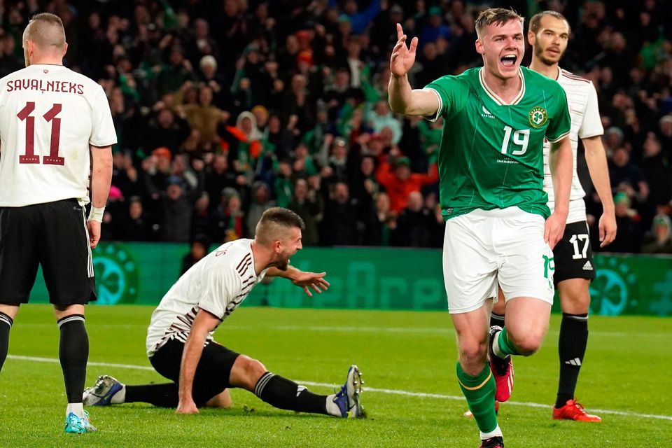 Ireland's Evan Ferguson celebrates scoring his first senior international goal against Latvia. Photo: Brian Lawless/PA Wire.