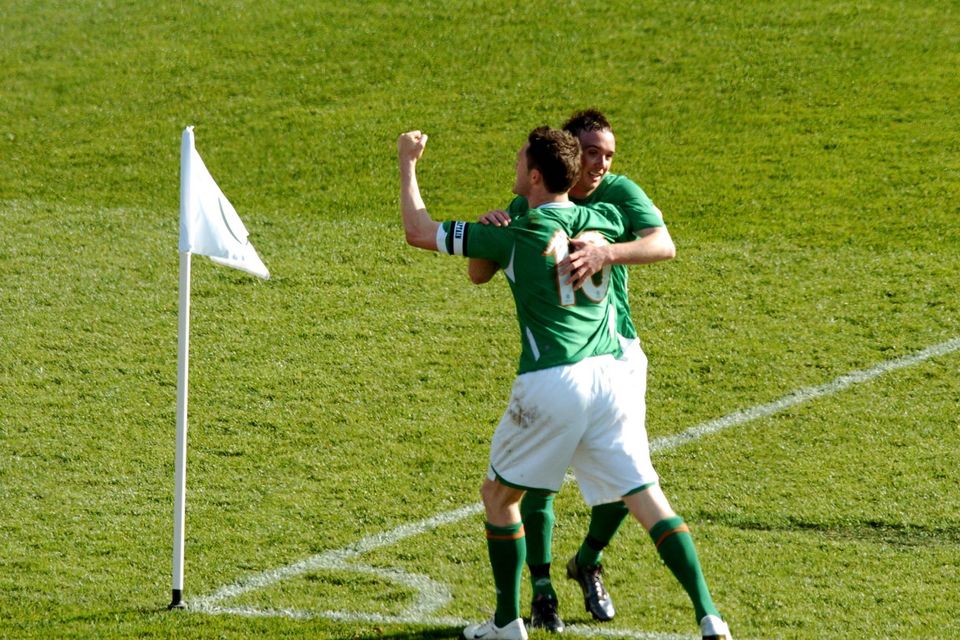 Stephen Ireland celebrates with team-mate Robbie Keane after scoring the winner against Wales in 2007. Photo: Sportsfile