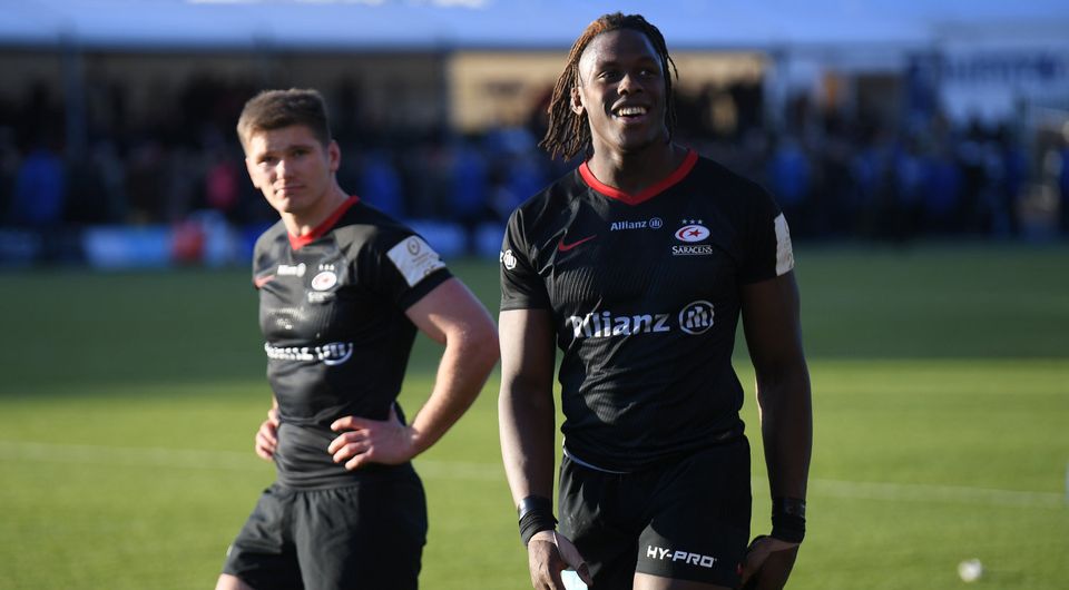 Maro Itoje and Owen Farrell appreciate the fans' support at the end of the Heineken Champions Cup Round 6 match between Saracens and Racing 92 at Allianz Park last Sunday. Photo: Mike Hewitt/Getty Images