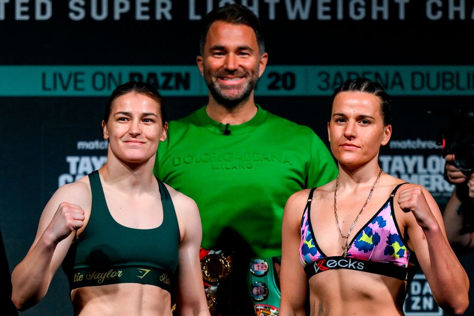 Katie Taylor, left, and Chantelle Cameron face-off during their weigh-ins at the Mansion House in Dubli, ahead of their undisputed super-lightweight championship fight, on May 20th at 3Arena