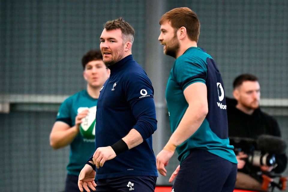 Peter O’Mahony, left, and Iain Henderson during an Ireland training session at the Sports Ireland Campus in Dublin. Photo: Brendan Moran/Sportsfile