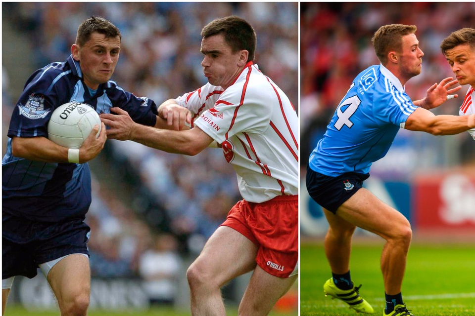 Alan Brogan (left) in action against Tyrone in 2005, which was a very different encounter to the game the teams played in Omagh this year (right).