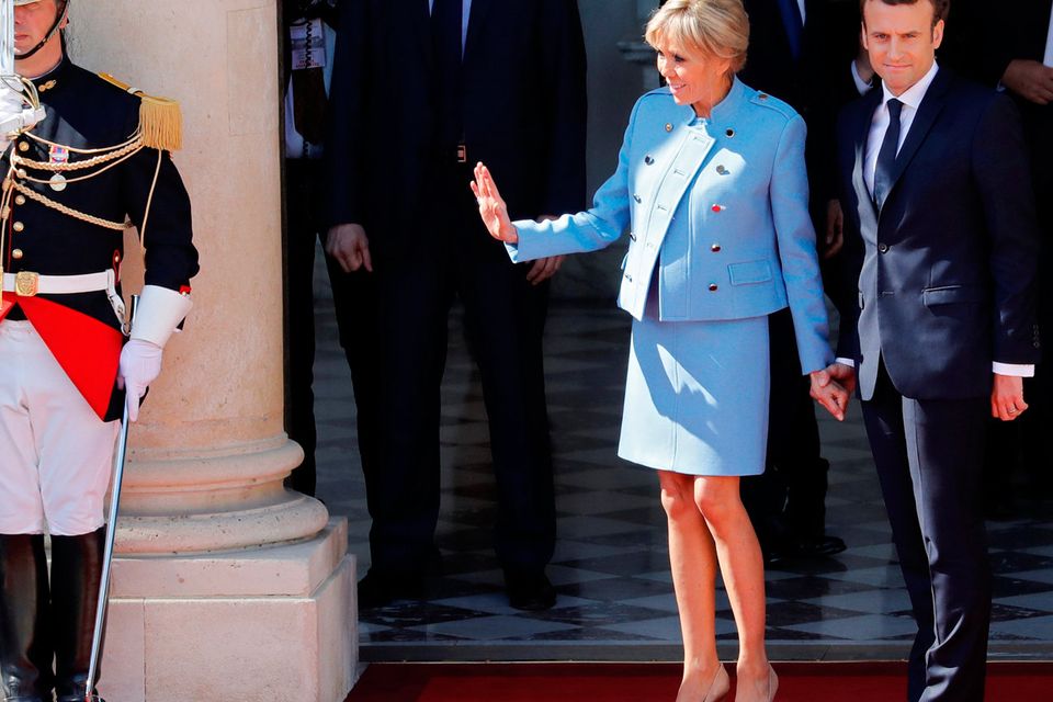 France's First Lady Breaks Out a Royal Blue Coat & Logomania Boots