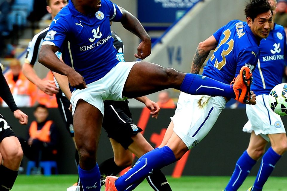 Leicester City's Wes Morgan scores his team's second goal
