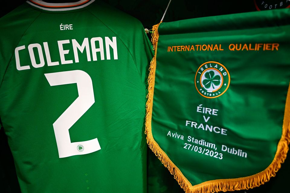 The jersey of Séamus Coleman and the Ireland pennant hang in the dressing room before the Euro 2024 clash with France at the Aviva Stadium in Dublin. Photo by Stephen McCarthy/Sportsfile