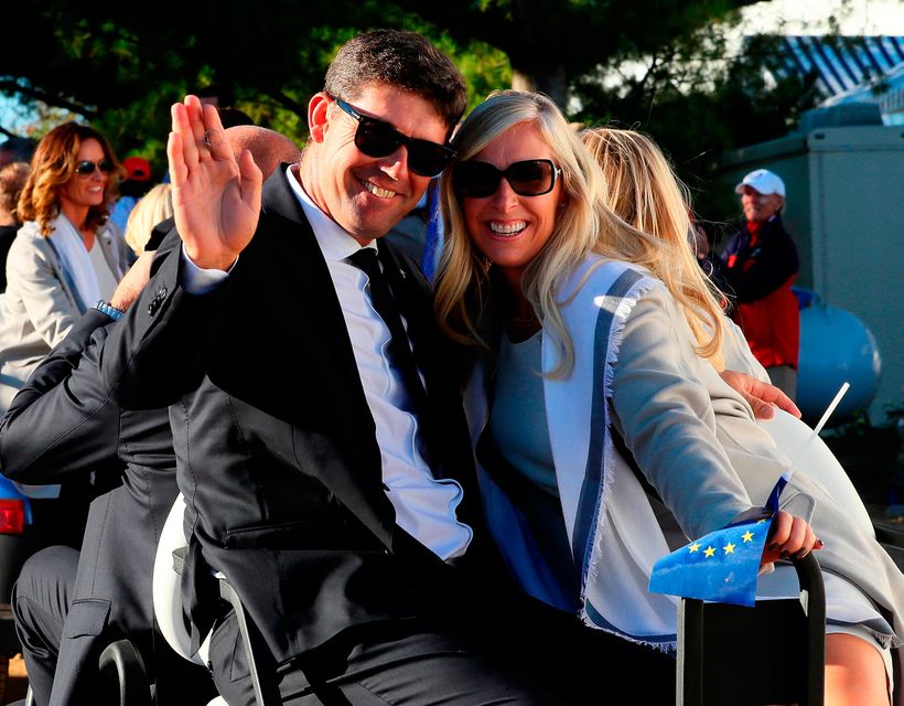 Vice-captain Padraig Harrington of Europe and Caroline Harrington attend the 2016 Ryder Cup Opening Ceremony at Hazeltine National Golf Club on September 29, 2016 in Chaska, Minnesota.  (Photo by Andrew Redington/Getty Images)