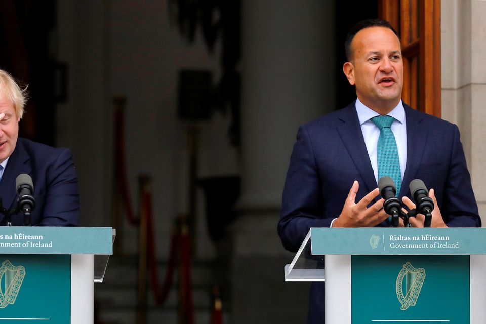 Britain's Prime Minister Boris Johnson reacts as Taoiseach Leo Varadkar speaks in Dublin, Ireland, September 9, 2019. REUTERS/Phil Noble