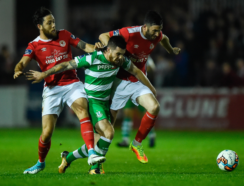 Shamrock Rovers' Brandon Miele finds a way between St Patrick’s Athletic duo Billy Dennehy (left) and Killian Brennan. Photo: Sportsfile