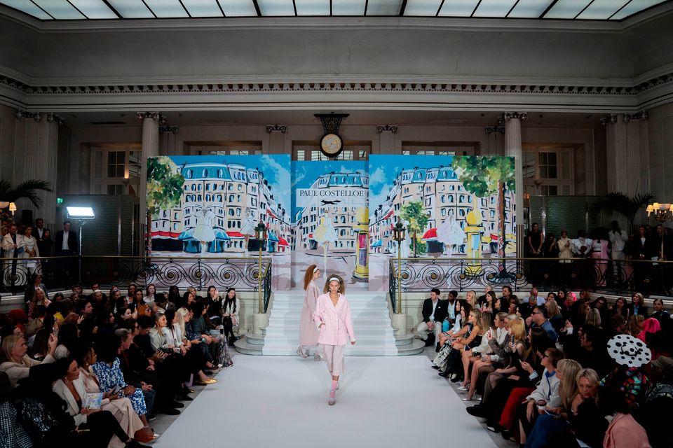 Models on the catwalk during the Paul Costelloe show in the Palm Court at the Waldorf hotel, central London, during London Fashion Week. Picture date: Friday September 13, 2024. PA Photo. See PA story SHOWBIZ Fashion. Photo credit should read: James Manning/PA Wire