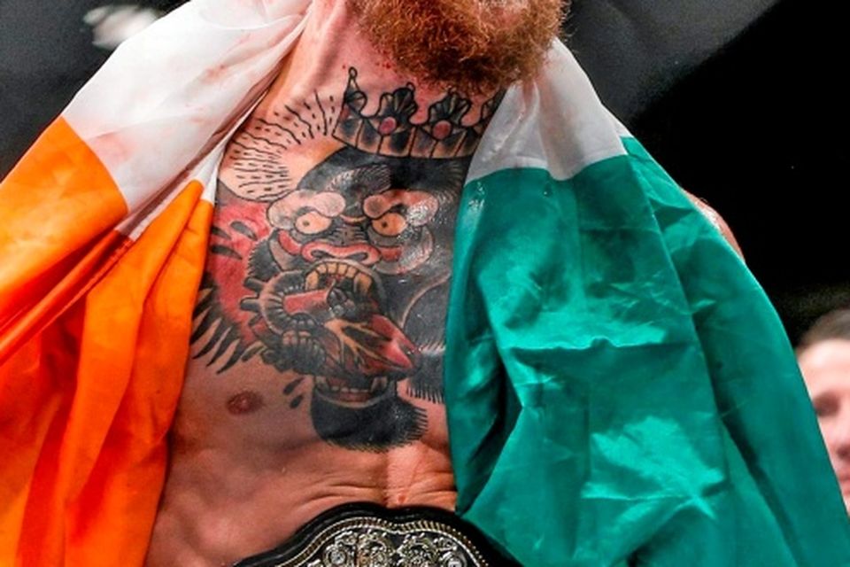Conor McGregor celebrates after defeating Chad Mendes in the Second Round of their Interim UFC Featherweight Championship Title bout. Photo: Esther Lin / SPORTSFILE