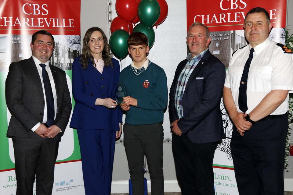 The winner of the Scoilaire na Bliana -Rogna na Daltai Award was Eoin O'Connor, who is pictured with Sean Roberts and Andre Murphy, School BoM Chair Pat Savage and Superintendent Michael Corbett who was guest speaker at the annual award ceremony at Charleville CBS Secondary School.