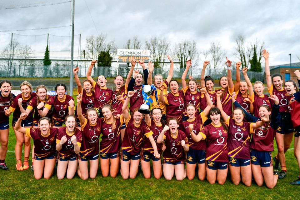 Loreto St Michael's players celebrate with the cup after the Lidl All Ireland Post Primary School Senior ‘A’ Championship final win over Sacred Heart School in Westport at Glennon Brothers Pearse Park in Longford. Photo by Ben McShane/Sportsfile