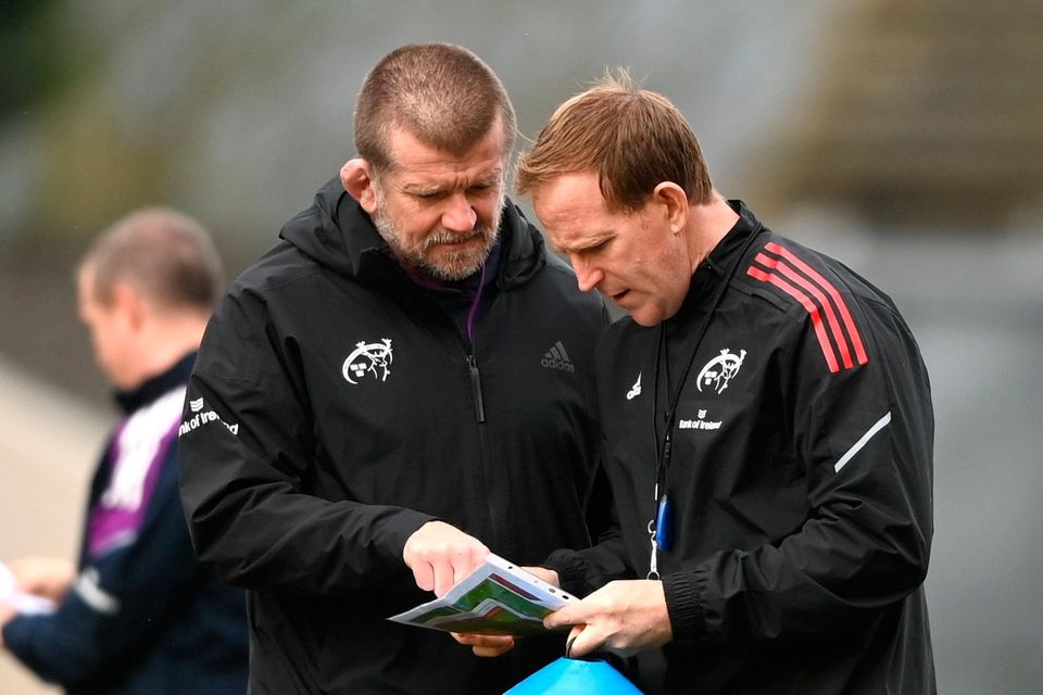 Munster head coach Graham Rowntree and attack coach Mike Prendergast during a Munster Rugby squad training session at Thomond Park in Limerick. Photo by Harry Murphy/Sportsfile