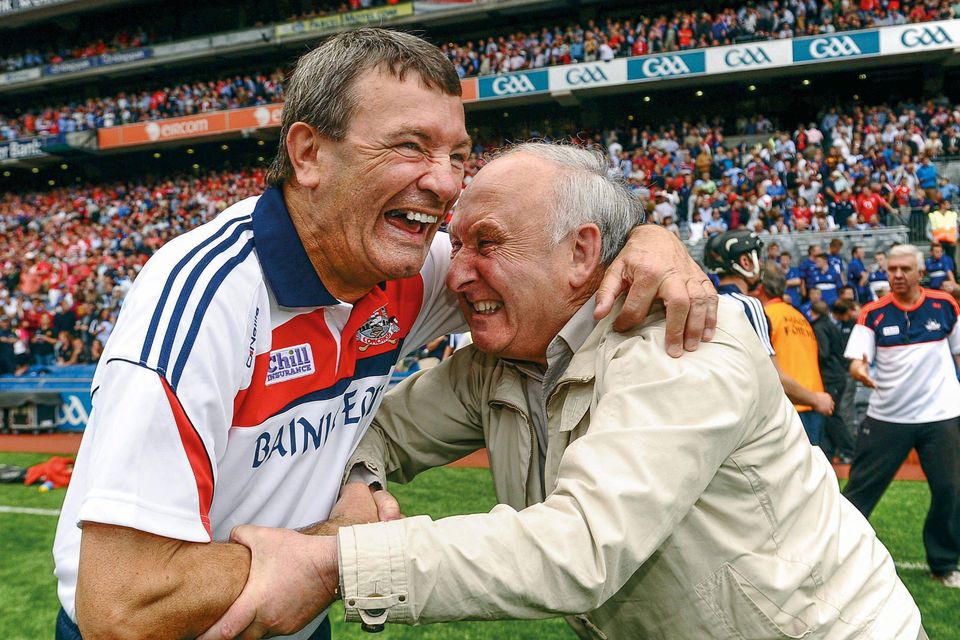 Cork manager Jimmy Barry-Murphy and county secretary Frank Murphy share a special moment. Cork hurling has received a massive boost with the news that Jimmy-Murphy is to remain as manager (Paul Mohan / SPORTSFILE)
