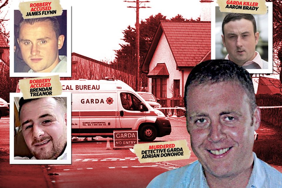 James Flynn and Brendan Treanor (left) are charged with the robbery of €7,000 at Lordship Credit Union in Bellurgan, Co Louth, on January 25, 2013.
Aaron Brady (top right) was convicted of the murder of Detective Garda Adrian Donohoe (bottom right).