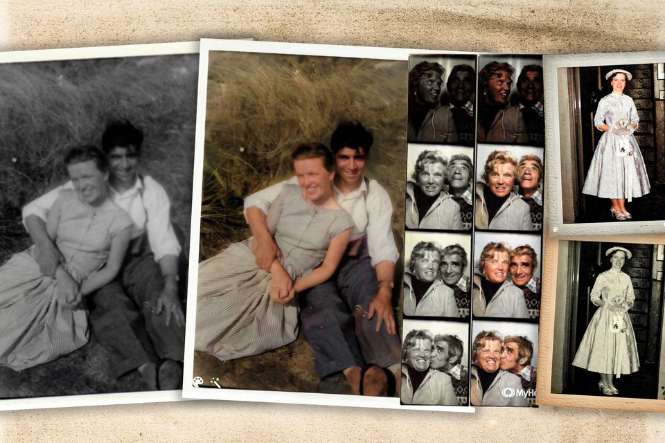 Before and after pictures of Adele Miner's grandparents after being restored with AI