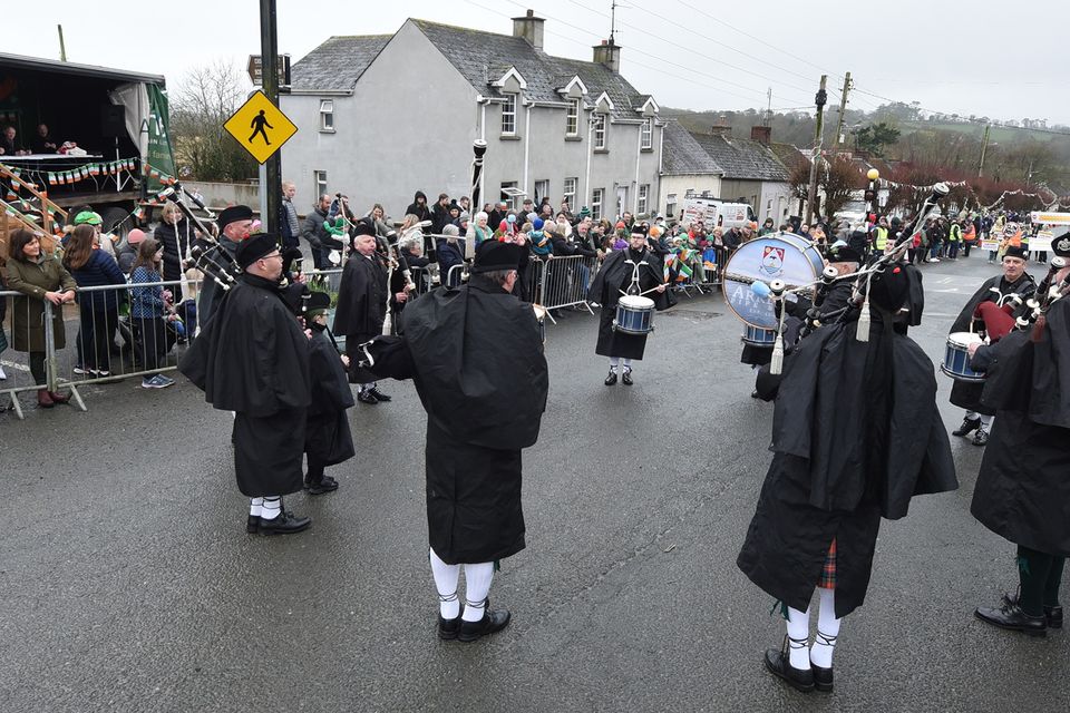 The Arklow Pipe Band perfroming in front of the grandstand during the St Patrick's Day parade in Coolgreany. Pic: Jim Campbell