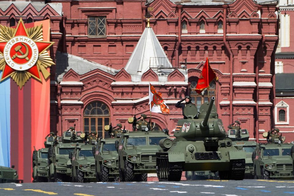 The Soviet tank E-34 leads the column of Russian armored vehicles in Red Square during the Victory Day military parade in Moscow, Russia, Tuesday, May 9, 2023, marking the 78th anniversary of the end of World War II. (Pelagia Tikhonova/Moscow News Agency via AP)