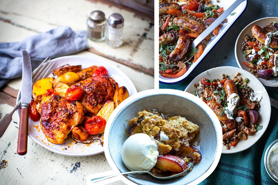 Fuss-free one-tray meals – try Donal Skehan’s easy harissa chicken, sticky sausage bake and stone fruit cobbler