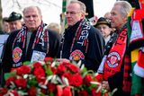 thumbnail: Bayern Munich's President Uli Hoeness, CEO Karl-Heinz Rummenigge and former Bavarian politician Hermann Memmel, from left, attend a commemoration ceremony on the Manchester place at the Munich Riem airport, southern Germany, Tuesday, Feb. 6, 2018. Sixty years ago on Feb. 6, 1958 a plane with professional players of the Manchester United soccer club on board crashed in Munich with 21 survivors and 23 fatalities. (Matthias Balk/dpa via AP)