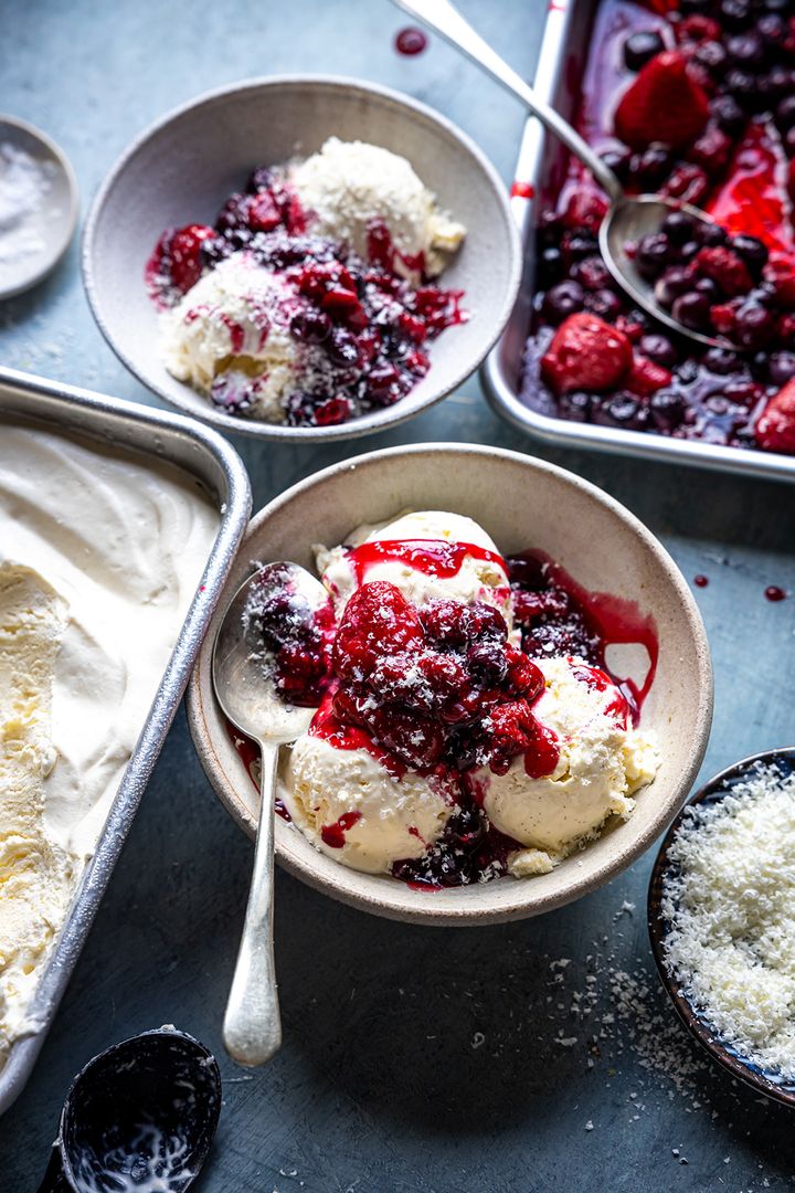 Donal Skehan’s delicious summer desserts — panna cotta, mille feuille mess and cheat’s vanilla and sea salt ice cream with roasted frozen berries